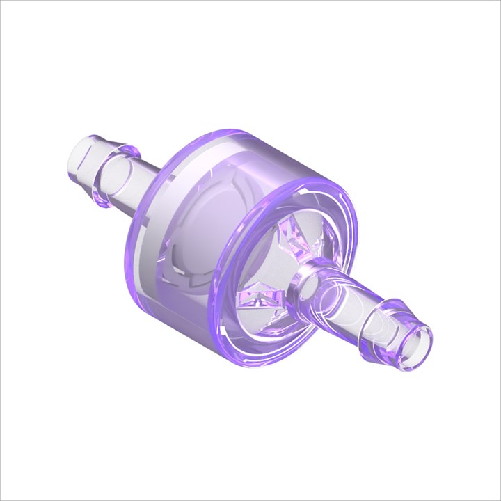 Radiation Stable Polycarbonate High Flow Check Valve, Silicone Seal, 3/16" Barb