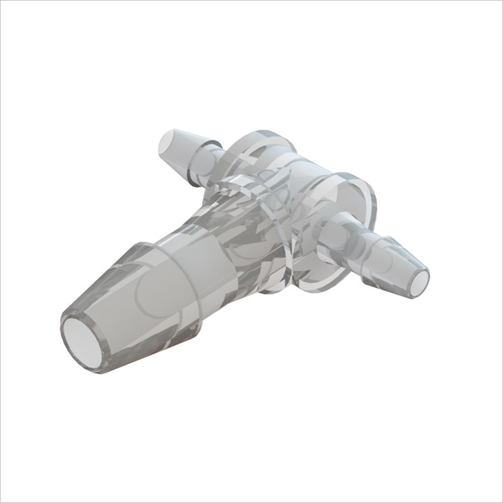 Tee Reducing Connector with 1/16" Barbs to 1/8" Barbed Leg - Animal Free Polypropylene