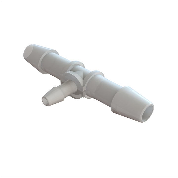 Tee Reducing Connector with 1/4" Barbs to 1/8" Barbs (6.25mm to 3mm) ID Tubing - Kynar 1000HD