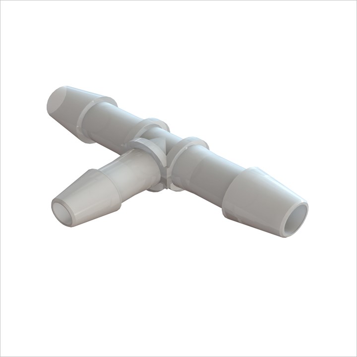 Tee Reducing Connector with 1/4" Barbs to 3/16" Barbs (6.25mm to 4.75mm) ID Tubing - Kynar 1000HD