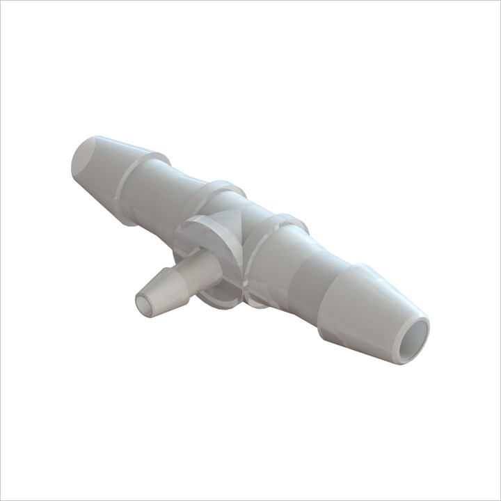 Tee Reducing Connector with 1/8" Barbs to 1/16" Barbs (3mm to 1.5mm) ID Tubing - Kynar 1000HD