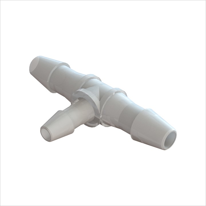 Tee Reducing Connector with 1/8" Barbs to 3/32" Barbs (3mm to 2.25mm) ID Tubing - Kynar 1000HD